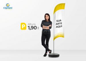 Wind Banner Completo P (1,90m de Altura) 100% Políéster Largura: 65cm  x Altura: 190cm Frente e Verso Personalizado Impressão Sublimada Costura e Corte Personalizado Base + Haste de Alumínio Desmontável (Incluso)